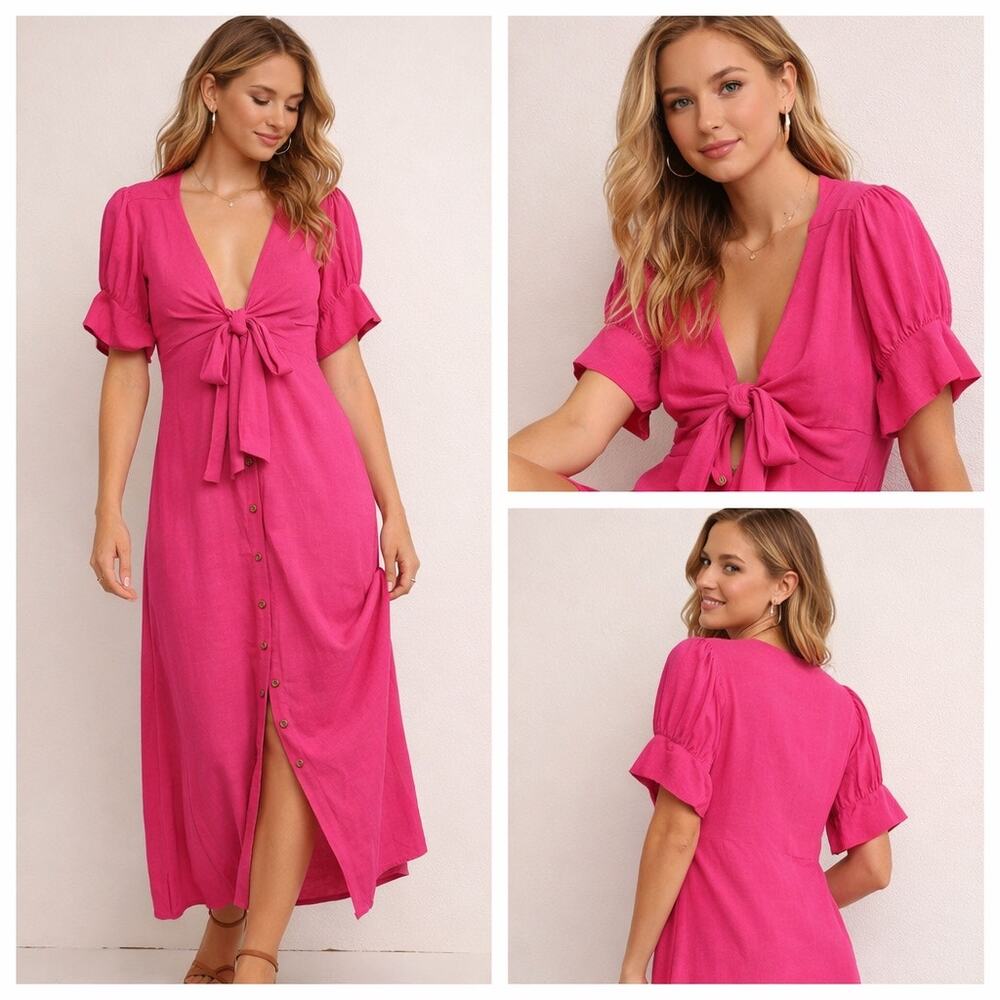 Free People Vintage Summer Fuchsia Linen Blend Tie Front Midi Dress XS Resort